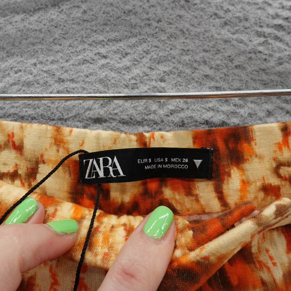 Zara Tie Dye Wide Leg Pants S Orange Beige Womens Linen Cotton Boho‎ Floral - Picture 5 of 12